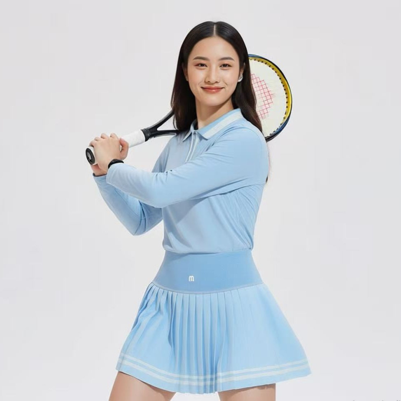 Γυναικείο σετ γκολφ με φούστα – μακρυμάνικη πόλο με γιακά, κορεατικού στυλ, μονόχρωμο σχέδιο, 80% σπάντεξ, επένδυση ακρυλικού ινώδους