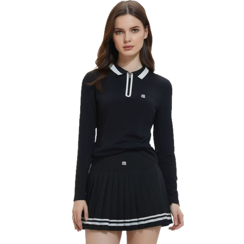 Γυναικείο σετ γκολφ με φούστα – μακρυμάνικη πόλο με γιακά, κορεατικού στυλ, μονόχρωμο σχέδιο, 80% σπάντεξ, επένδυση ακρυλικού ινώδους