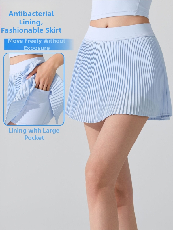 Sievietes sporta plisētā svārka ar augstu jostu un iebūvētiem necaurspīdīgiem šortiņiem, poliesters, antibakteriāla odere 5A