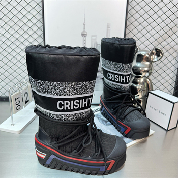 Cizme de zăpadă cu design înalt, partea superioară tarpaulin, talpă cauciuc, căptușeală caldă din blană artificială, toc de 5 cm