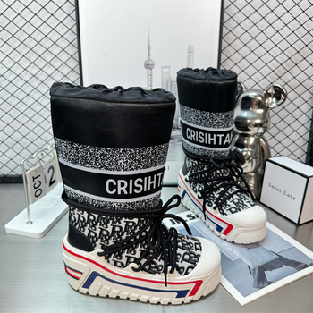 Cizme de zăpadă cu design înalt, partea superioară tarpaulin, talpă cauciuc, căptușeală caldă din blană artificială, toc de 5 cm