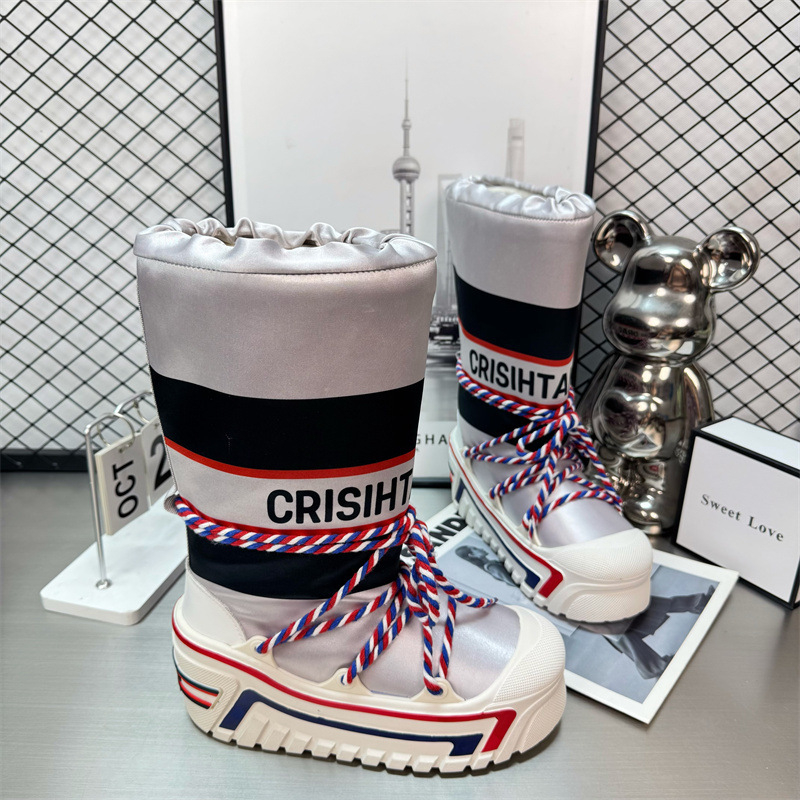 Cizme de zăpadă cu design înalt, partea superioară tarpaulin, talpă cauciuc, căptușeală caldă din blană artificială, toc de 5 cm