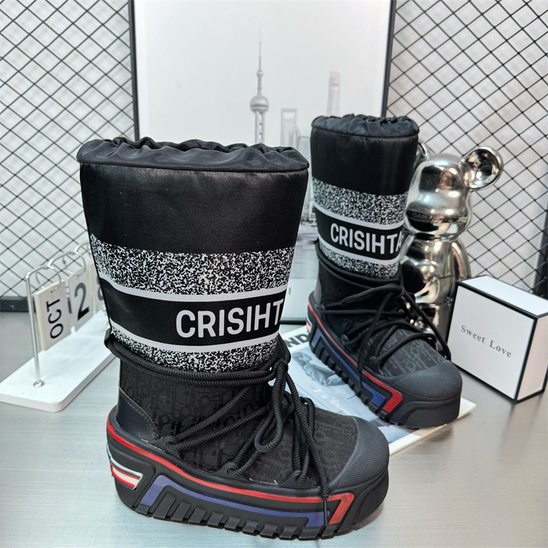 Cizme de zăpadă cu design înalt, partea superioară tarpaulin, talpă cauciuc, căptușeală caldă din blană artificială, toc de 5 cm