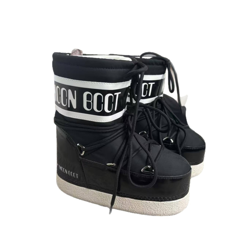 Moon ūdensnecaurlaidīgas sieviešu sniega zābaki, augsts augšējais apvalks, gumijas zole, jēra kažoka iekšējā odere, 5 cm papēdis, ziema 2025