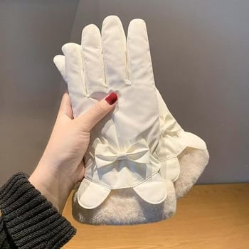 Ženske zimske rukavice za skijanje, najlonske, kompatibilne s dodirnim zaslonom, dizajn s ušima medvjeda i mašnicom