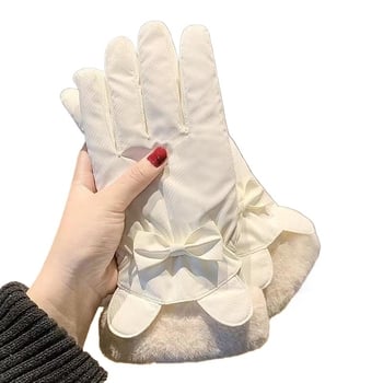 Ženske zimske rukavice za skijanje, najlonske, kompatibilne s dodirnim zaslonom, dizajn s ušima medvjeda i mašnicom