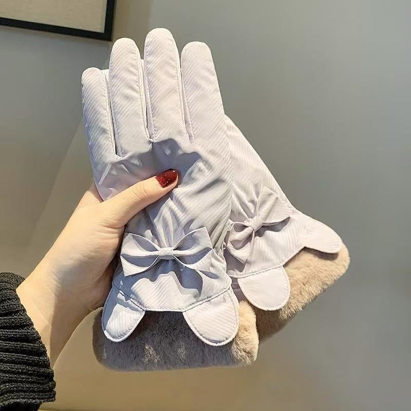 Ženske zimske rukavice za skijanje, najlonske, kompatibilne s dodirnim zaslonom, dizajn s ušima medvjeda i mašnicom