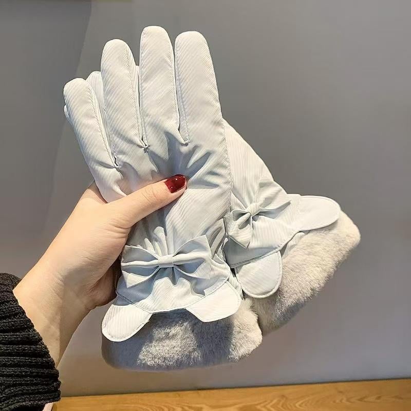 Ženske zimske rukavice za skijanje, najlonske, kompatibilne s dodirnim zaslonom, dizajn s ušima medvjeda i mašnicom
