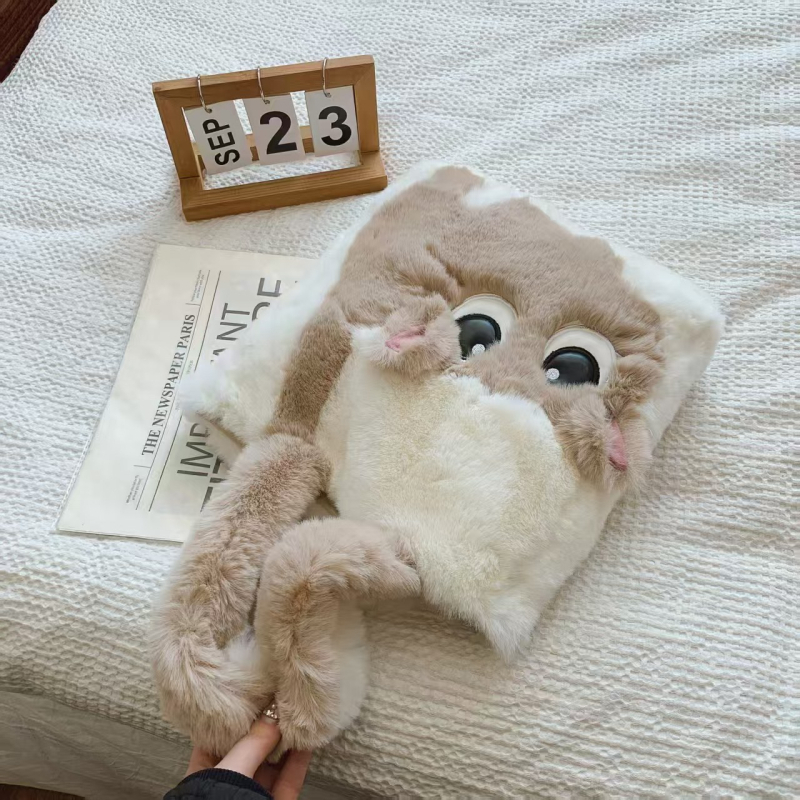 Plüss válltáska kosár-stílusban, macska karikatúra hímzéssel, utcai stílus, mágneses zárás, poliészter bélés, belső zseb a telefon számára