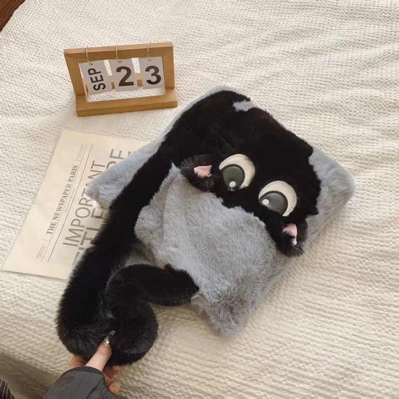 Plüss válltáska kosár-stílusban, macska karikatúra hímzéssel, utcai stílus, mágneses zárás, poliészter bélés, belső zseb a telefon számára