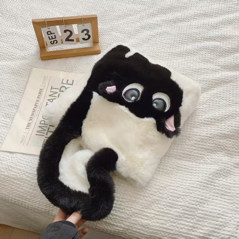 Plüss válltáska kosár-stílusban, macska karikatúra hímzéssel, utcai stílus, mágneses zárás, poliészter bélés, belső zseb a telefon számára