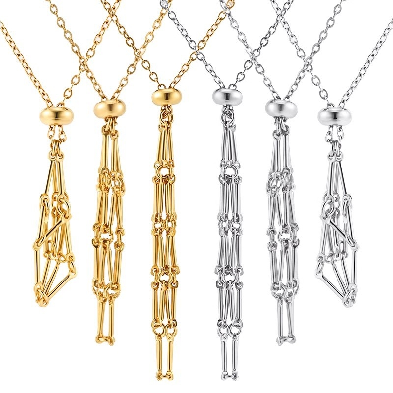 Rozsdamentes acél nyaklánc titán-acél medállal, geometriai hálós mintázat, kézzel készített lánccal, hossz 51-60 cm