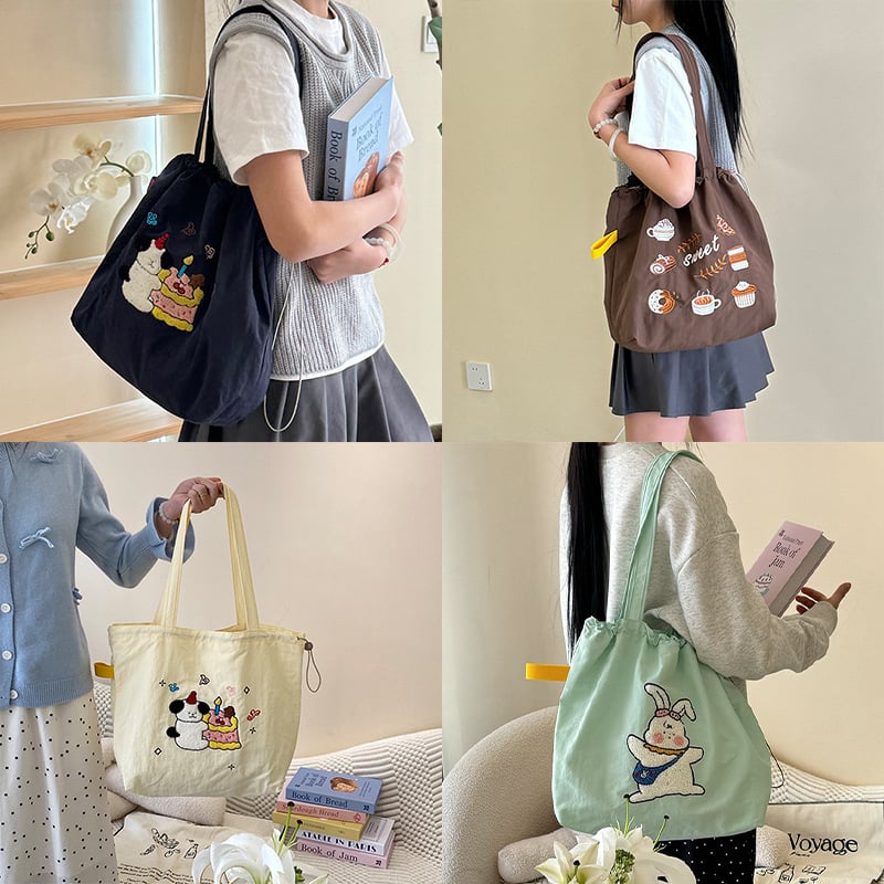 Geantă tote din pânză, stil street-fashion, broderie cu personaje desen animate, curea detașabilă, buzunar interior cu fermoar