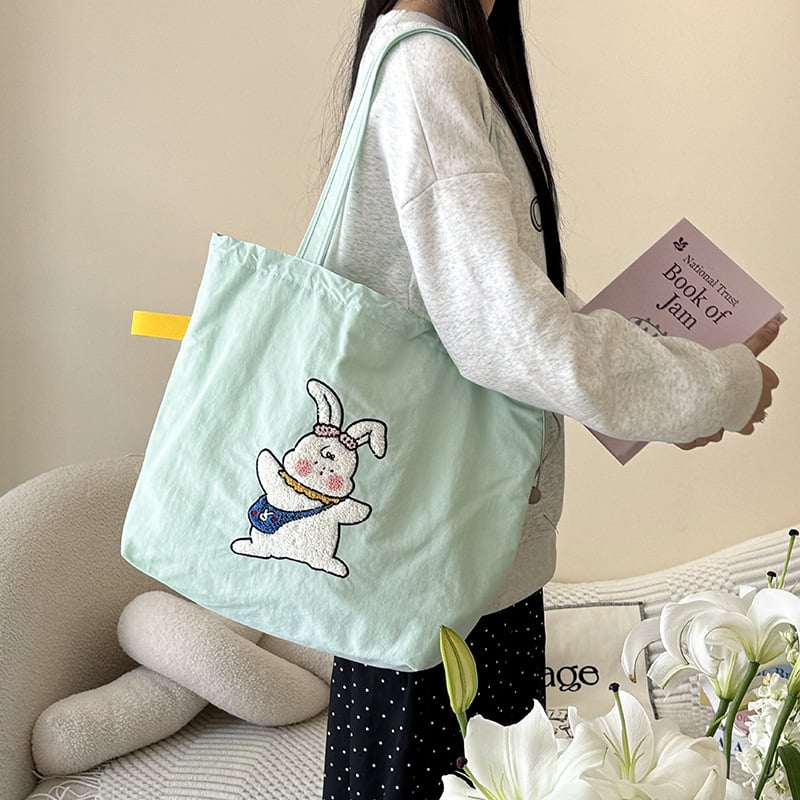 Geantă tote din pânză, stil street-fashion, broderie cu personaje desen animate, curea detașabilă, buzunar interior cu fermoar