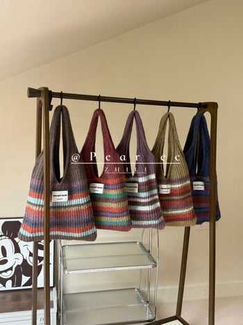 Torba u korejskom stilu, pleten patchwork prugastog dizajna — miks-stil, vunena podstava, uspravni četvrtasti oblik