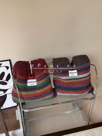 Torba u korejskom stilu, pleten patchwork prugastog dizajna — miks-stil, vunena podstava, uspravni četvrtasti oblik
