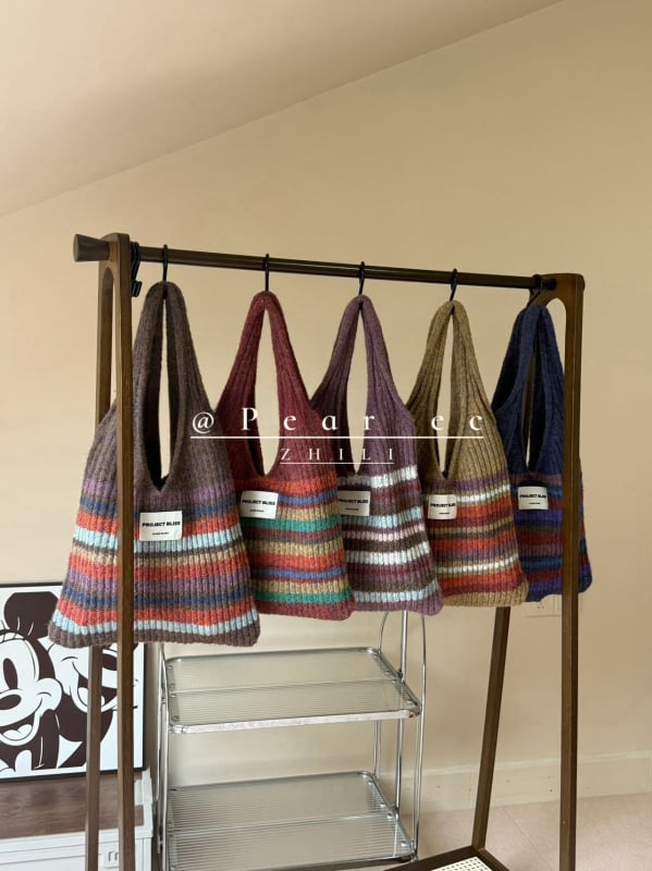 Torba u korejskom stilu, pleten patchwork prugastog dizajna — miks-stil, vunena podstava, uspravni četvrtasti oblik