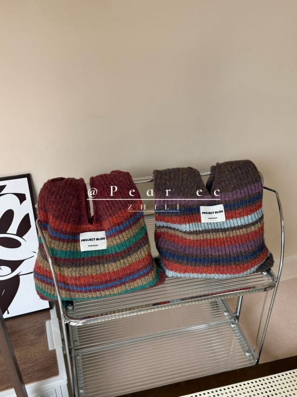 Torba u korejskom stilu, pleten patchwork prugastog dizajna — miks-stil, vunena podstava, uspravni četvrtasti oblik
