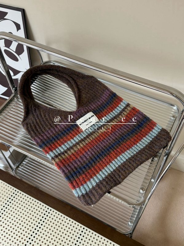 Torba u korejskom stilu, pleten patchwork prugastog dizajna — miks-stil, vunena podstava, uspravni četvrtasti oblik