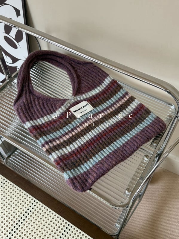 Torba u korejskom stilu, pleten patchwork prugastog dizajna — miks-stil, vunena podstava, uspravni četvrtasti oblik