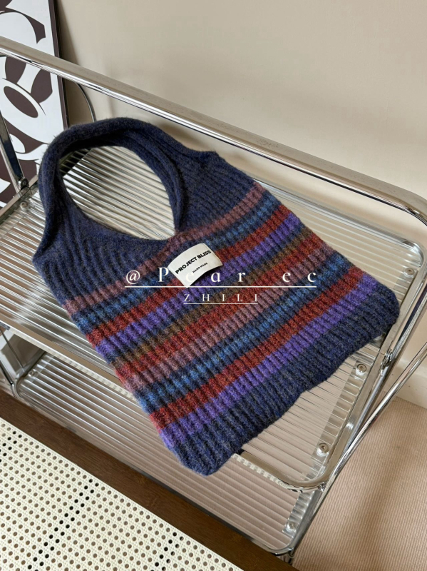 Torba u korejskom stilu, pleten patchwork prugastog dizajna — miks-stil, vunena podstava, uspravni četvrtasti oblik
