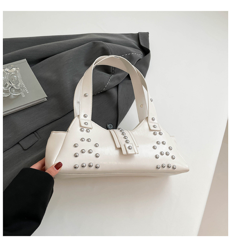 Tote rankinė su kniedėmis, PU dirbtinė oda, gatvės stiliaus, pažastinė rankinė, horizontali kvadratinė forma, užtrauktukas