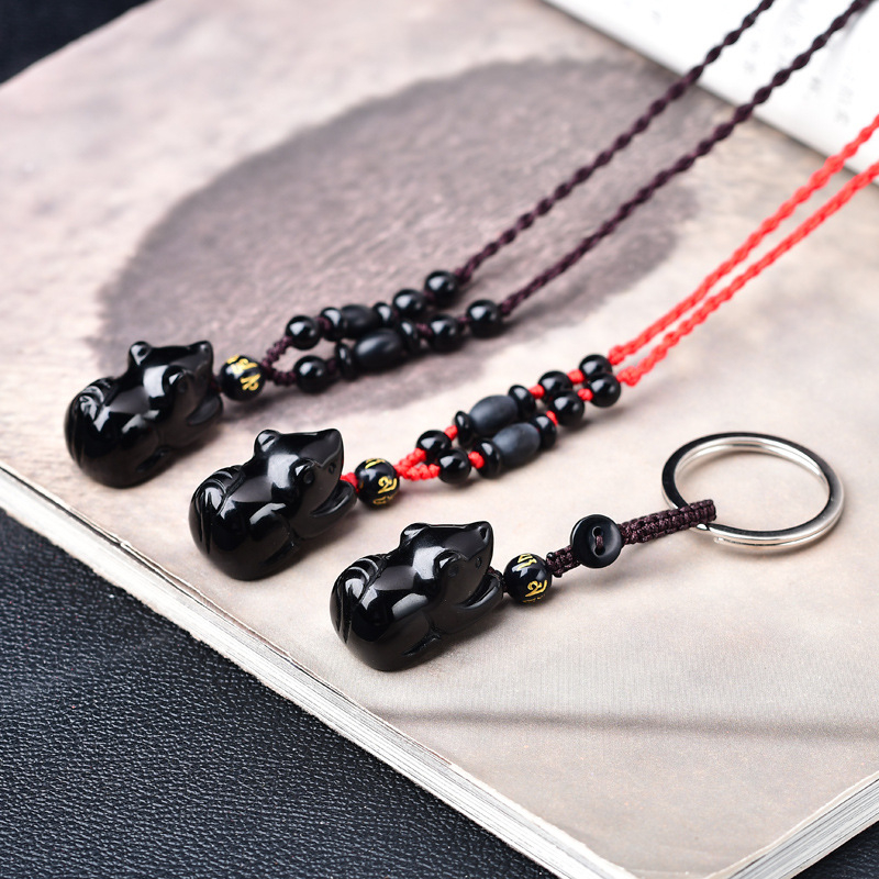Ogrlica s privjeskom od prirodnog obsidijana, 3D miš – unisex nakit, zodijak Miš, stil Nacionalni Vjetar