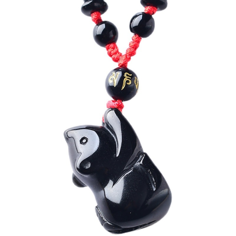 Ogrlica s privjeskom od prirodnog obsidijana, 3D miš – unisex nakit, zodijak Miš, stil Nacionalni Vjetar
