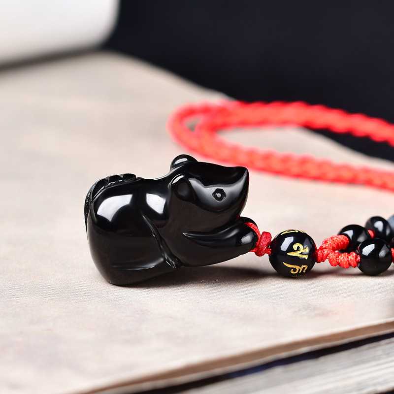 Ogrlica s privjeskom od prirodnog obsidijana, 3D miš – unisex nakit, zodijak Miš, stil Nacionalni Vjetar