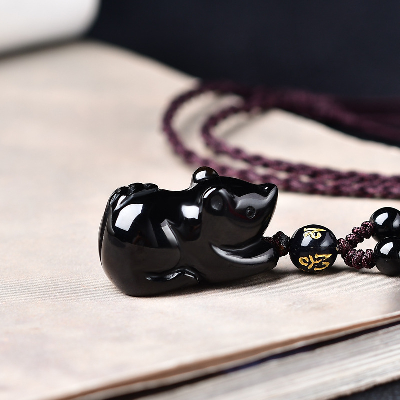 Ogrlica s privjeskom od prirodnog obsidijana, 3D miš – unisex nakit, zodijak Miš, stil Nacionalni Vjetar