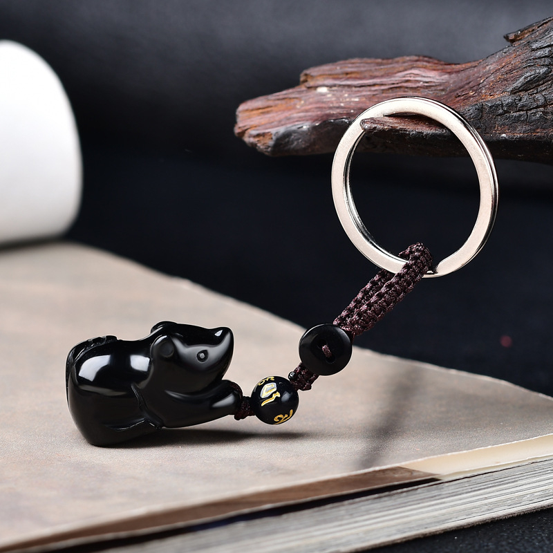 Ogrlica s privjeskom od prirodnog obsidijana, 3D miš – unisex nakit, zodijak Miš, stil Nacionalni Vjetar