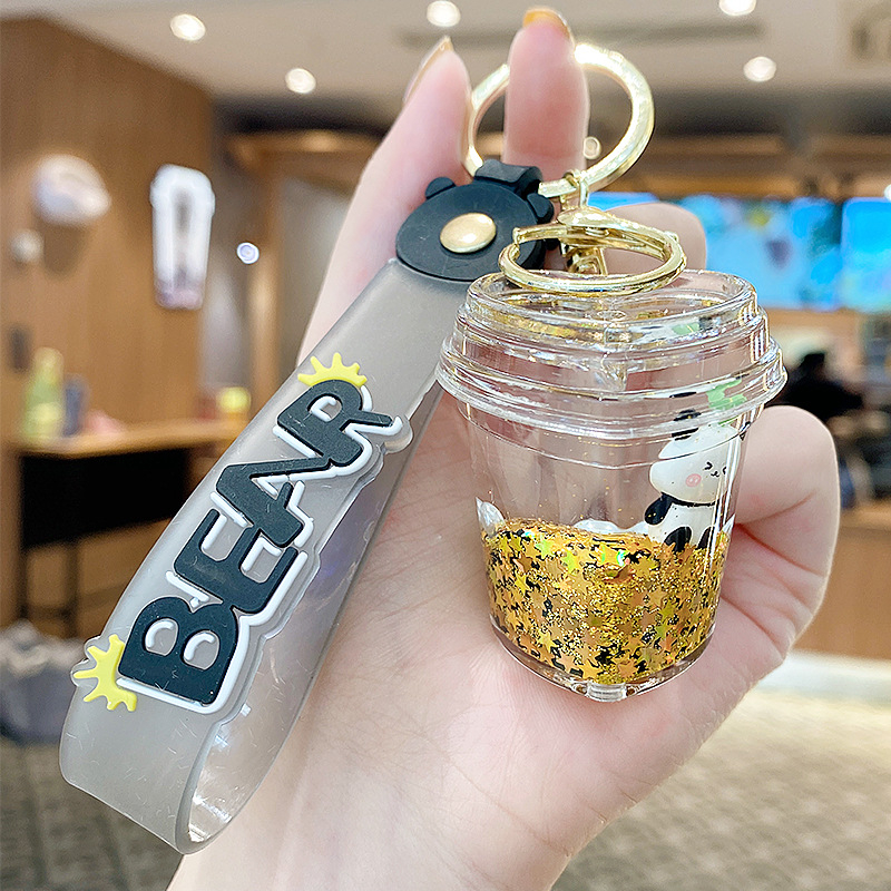 Акрилен ключодържател с панда и бутилка с пясък – карикатурен плаващ дизайн, унисекс подарък