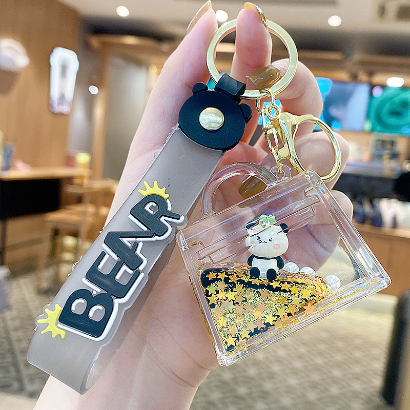 Акрилен ключодържател с панда и бутилка с пясък – карикатурен плаващ дизайн, унисекс подарък