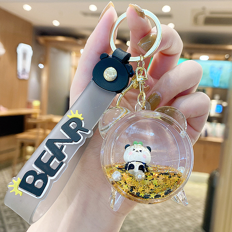 Акрилен ключодържател с панда и бутилка с пясък – карикатурен плаващ дизайн, унисекс подарък
