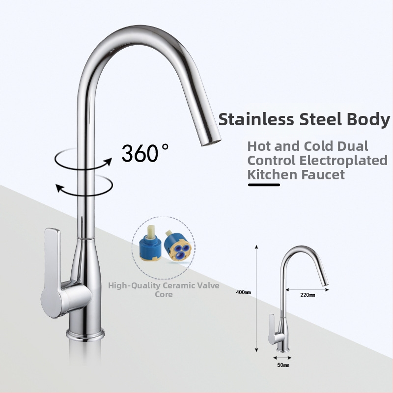 Nerūdijančio plieno virtuvės čiaupas su karštu ir šaltu vandeniu, keramikos vožtuvas, įvadas 20 mm / išvestis 20 mm, montavimas sėdėjimo tipo, modernus minimalistinis stilius