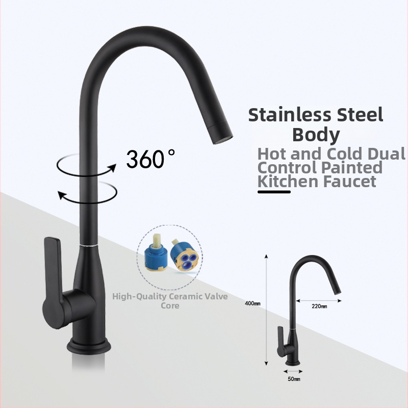 Nerūdijančio plieno virtuvės čiaupas su karštu ir šaltu vandeniu, keramikos vožtuvas, įvadas 20 mm / išvestis 20 mm, montavimas sėdėjimo tipo, modernus minimalistinis stilius