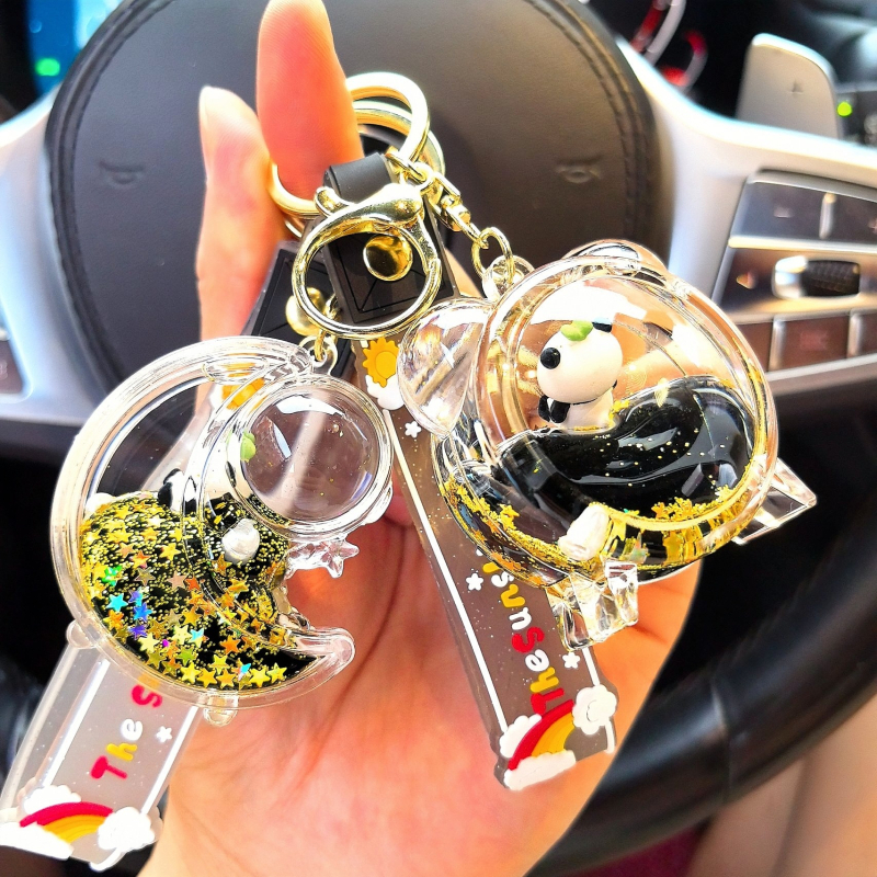 Lanț de chei din acril cu panda în lichid într-o sticluță, pandantiv desen animat