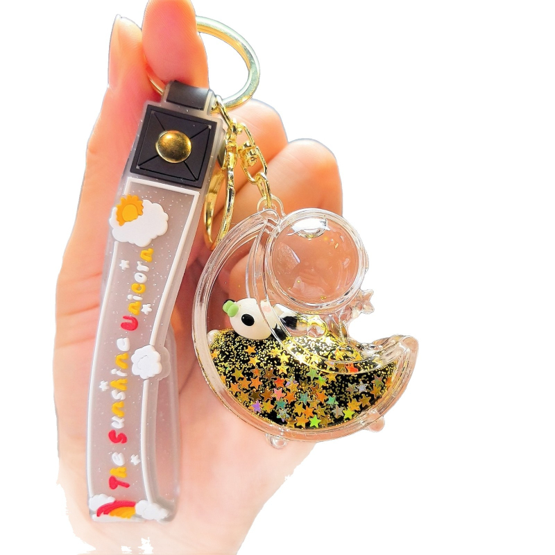 Lanț de chei din acril cu panda în lichid într-o sticluță, pandantiv desen animat