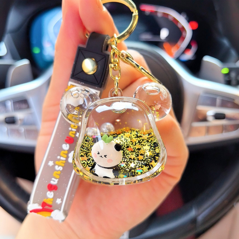 Lanț de chei din acril cu panda în lichid într-o sticluță, pandantiv desen animat