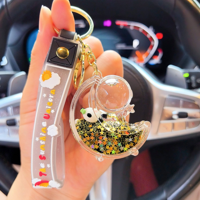 Lanț de chei din acril cu panda în lichid într-o sticluță, pandantiv desen animat
