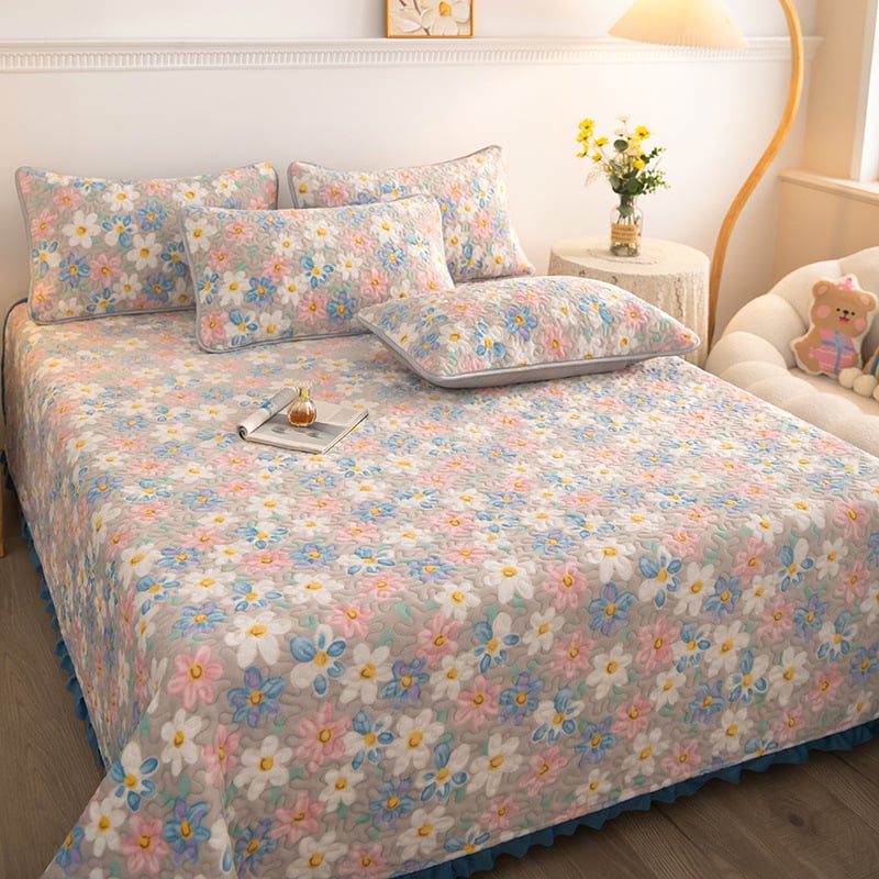 Kolmepalgaline voodipesu komplekt talveks, puuvillane, fleece vooder, taimed ja lilled muster, multikas stiil