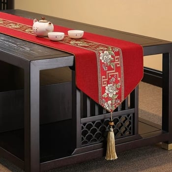 Пътека за маса в нов китайски стил от лен, 90% лен и 10% памук, модел Китайски вятър серия, подходяща за дневна, спалня, кабинет, трапезария и търговски обекти.