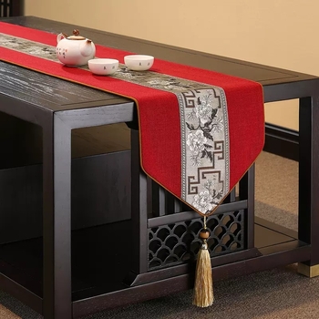 Пътека за маса в нов китайски стил от лен, 90% лен и 10% памук, модел Китайски вятър серия, подходяща за дневна, спалня, кабинет, трапезария и търговски обекти.