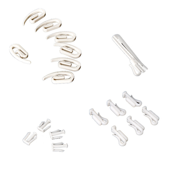 Plastična kuka za zavjese od tkanine za vješanje zavjesa; modeli JA-1, J00-1, H60-003, J50-009, H60-005; uključuje kukice i opružne klipse.