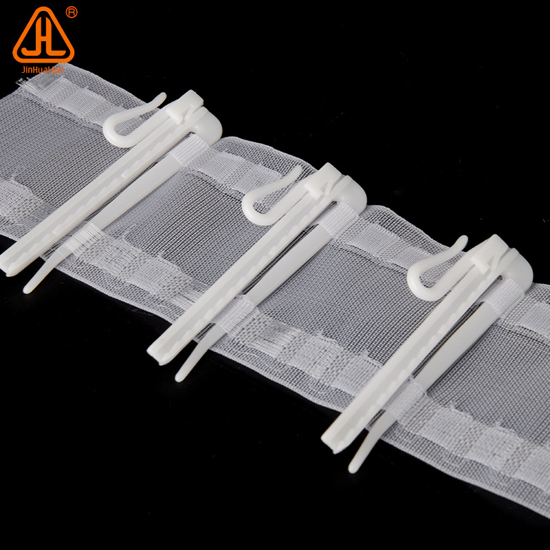 Plastična kuka za zavjese od tkanine za vješanje zavjesa; modeli JA-1, J00-1, H60-003, J50-009, H60-005; uključuje kukice i opružne klipse.