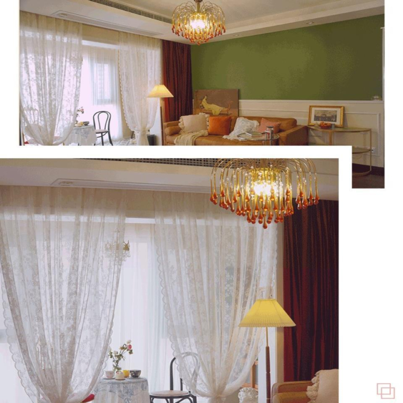 Draperie despărțitoare de bucătărie, dantelă franțuzească, poliester, semi-umbrire 40-70%, potrivită pentru living, dormitor, bucătărie, baie, balcon; spălare manuală