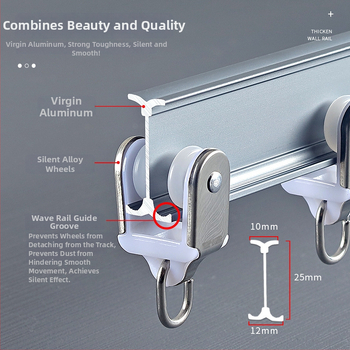 Alumínium függöny sínrendszer – L- és U- alakú görbült sínek, felső oldali rögzítés, teleszkópos görgő, egyenes sín vezető, dupla pálya, csendes működés