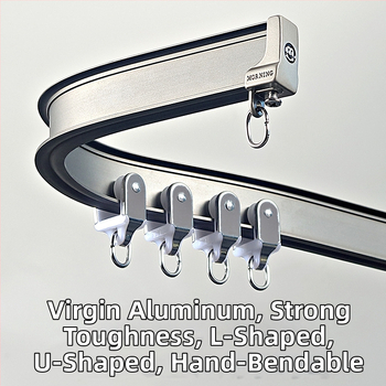 Alumínium függöny sínrendszer – L- és U- alakú görbült sínek, felső oldali rögzítés, teleszkópos görgő, egyenes sín vezető, dupla pálya, csendes működés