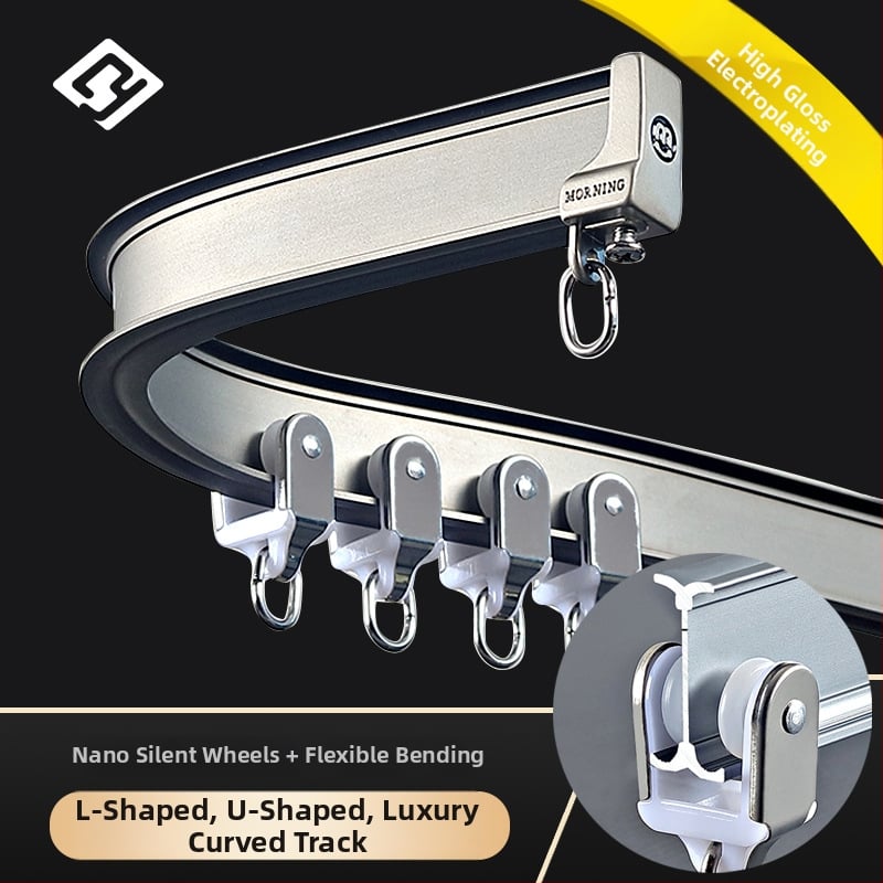 Alumínium függöny sínrendszer – L- és U- alakú görbült sínek, felső oldali rögzítés, teleszkópos görgő, egyenes sín vezető, dupla pálya, csendes működés