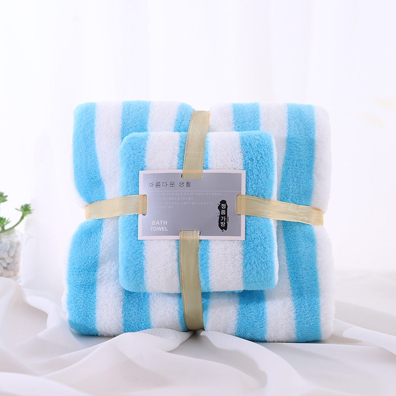 Set ručnika od coral fleece s širokim prugama – ručnik za kupanje i ručnik za lice, za majku i dijete